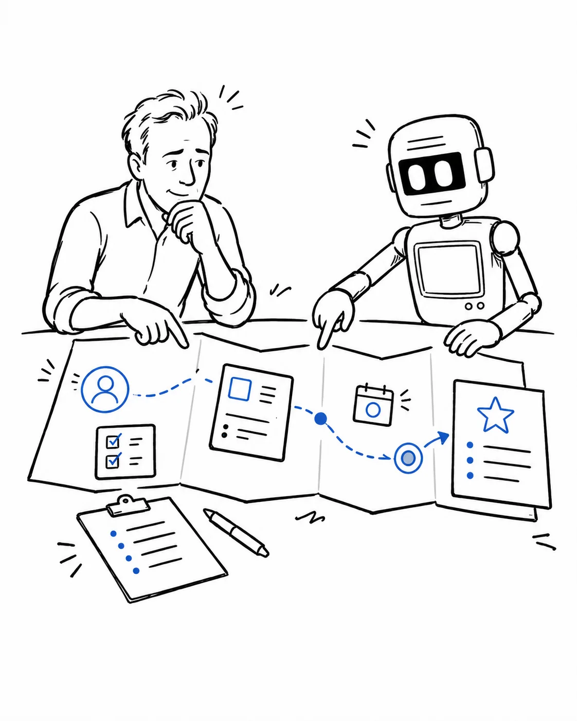 A business owner and AI assistant map a workflow together before adding AI.