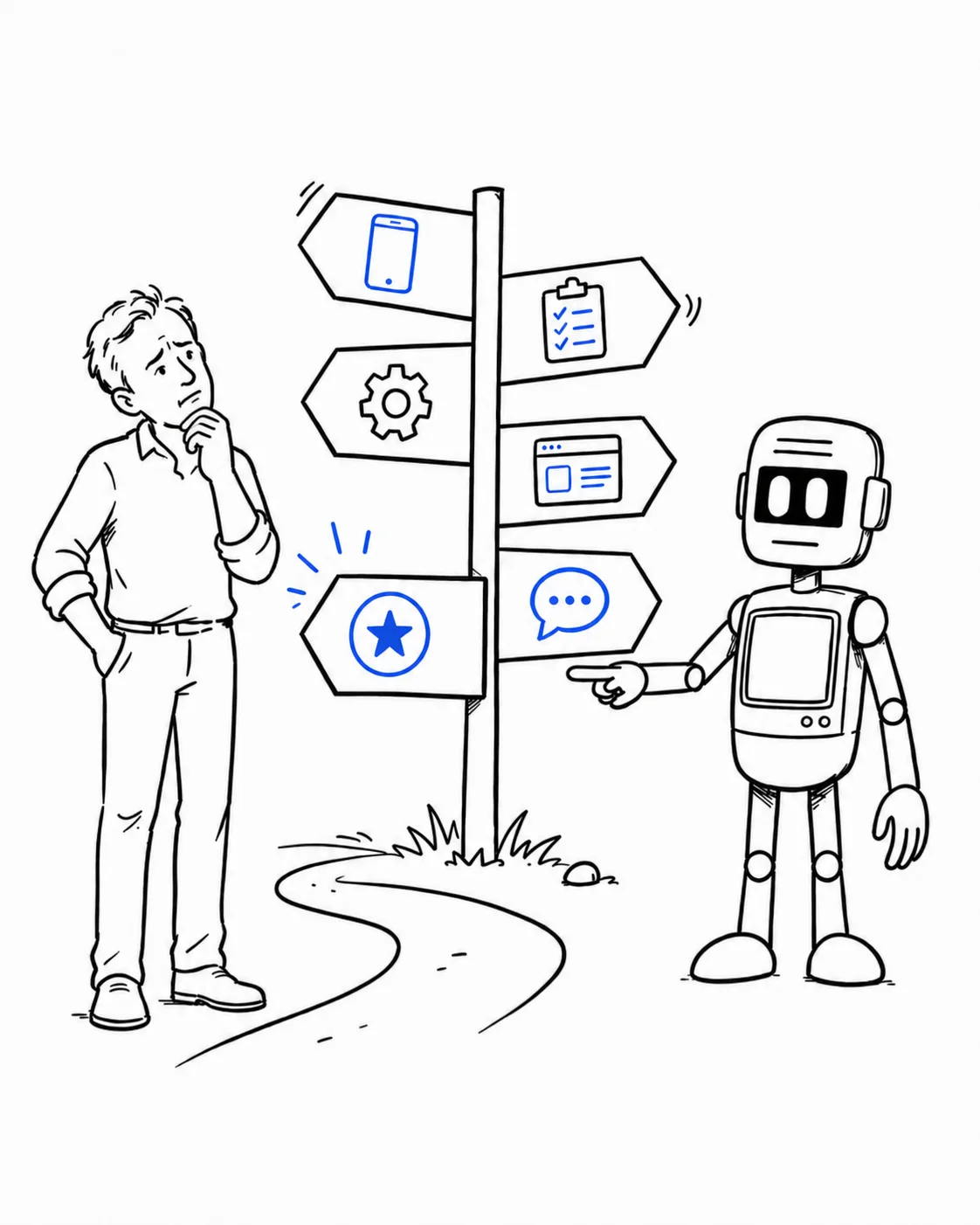 A business owner and AI assistant compare practical paths before choosing the next step.