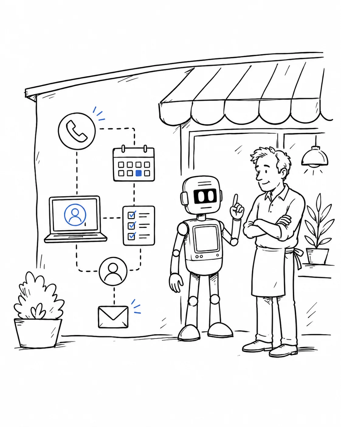 A local business owner and AI assistant connect customer contact, scheduling and follow-up.