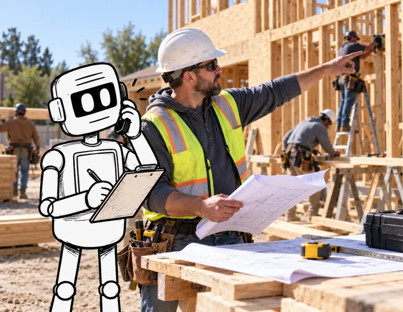 Construction lead reviewing plans on a jobsite with an illustrated AI assistant