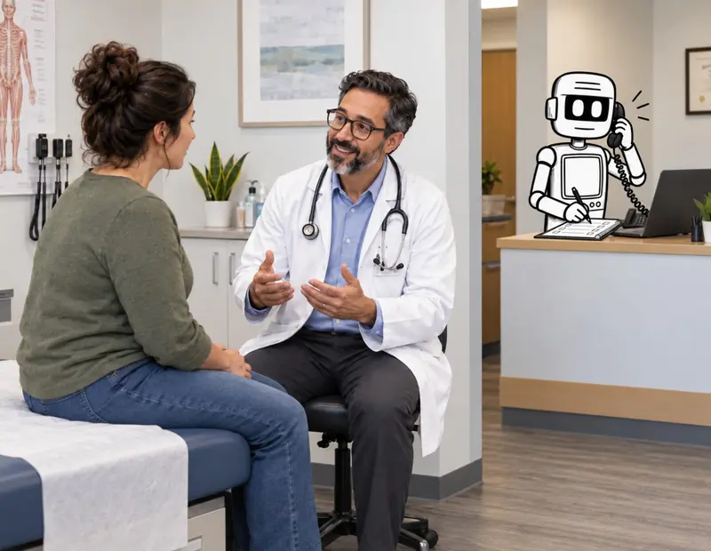 Doctor speaking with a patient while an illustrated AI assistant supports the front desk