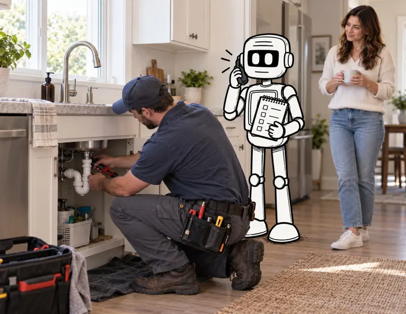 Plumber repairing a kitchen sink while an illustrated AI assistant helps with intake