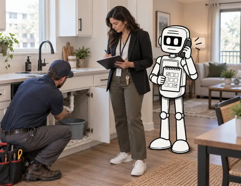 Property manager coordinating a kitchen repair with a plumber and illustrated AI assistant